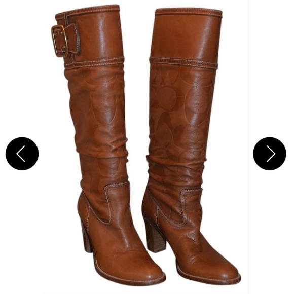 Slouchy tan monogram coach leather chunky heeled boots. Merrith style size 7 - Picture 1 of 9